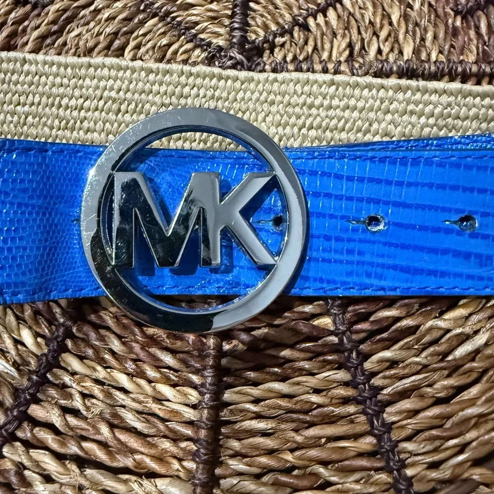 Michael Kors Stretch Straw Belt MK Logo‎ Buckle Sz L 39” Blue Silver Embossed